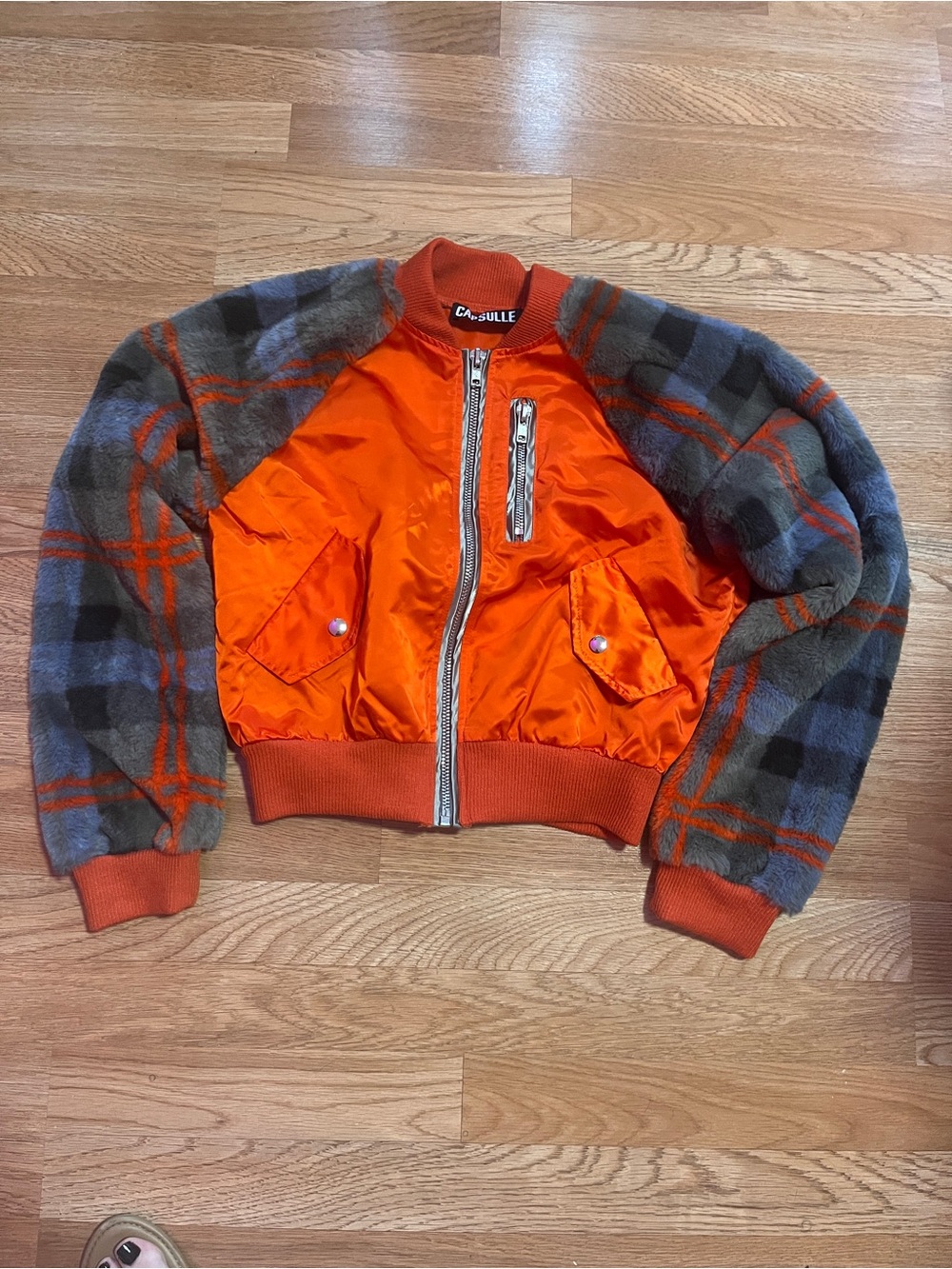 Orange & Gray Plaid Bomber Jacket